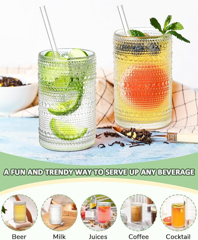 Large Capacity Glasses Drinking Set of 12, 15 oz Vintage Glassware Hobnail Glass Cups sets for Kitchen, Embossed Cocktail Glasses Set with Straws, for Beer, Juice, Cocktail, Whiskey, Milk - Image 4