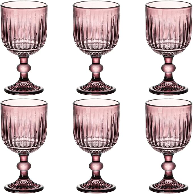 Taganov Purple Glasses Drinking set of 6 Colored Wine Water Stemware Pink Goblets Glassware 11 oz for Wedding Party Bar Vertical Embossed Pattern Stemmed Cups 330 ml by Taganov