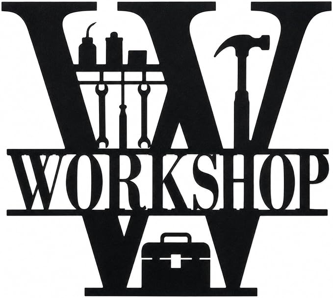 Workshop Metal Wall Decor, Garage and Tool Room Sign, 14 Inch | 14-inch matte black metal workshop sign with pre-drilled holes for garages, tool rooms, sheds, studios, and workspaces. by Bosfori
