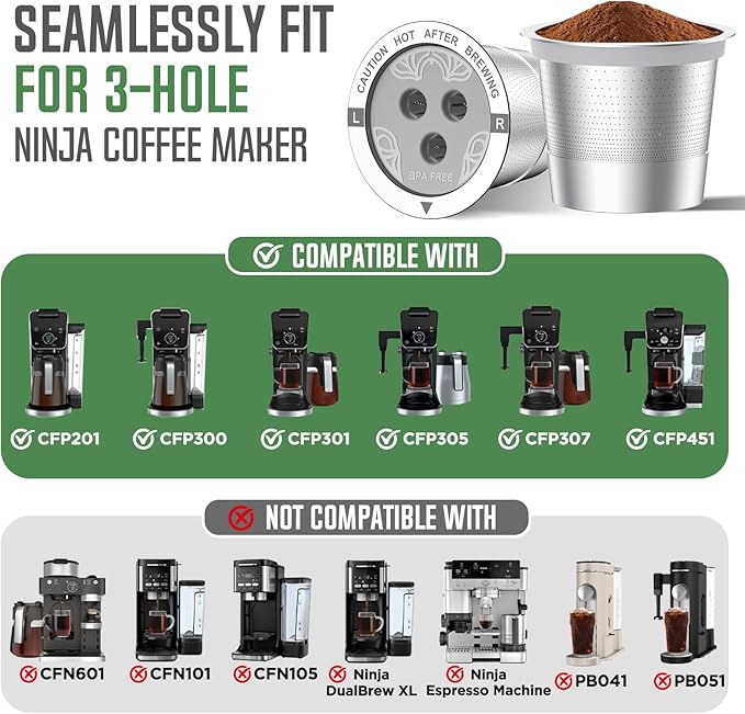 Ninja Reusable Coffee Pod: VIVI SKY Upgraded Stainless Steel Refillable Ninja K Cups - 3 Holes Coffee Filters For Ninja Coffee Maker CFP201 CFP301 CFP305 CFP307 CFP400 CFP300 (4 Pack)