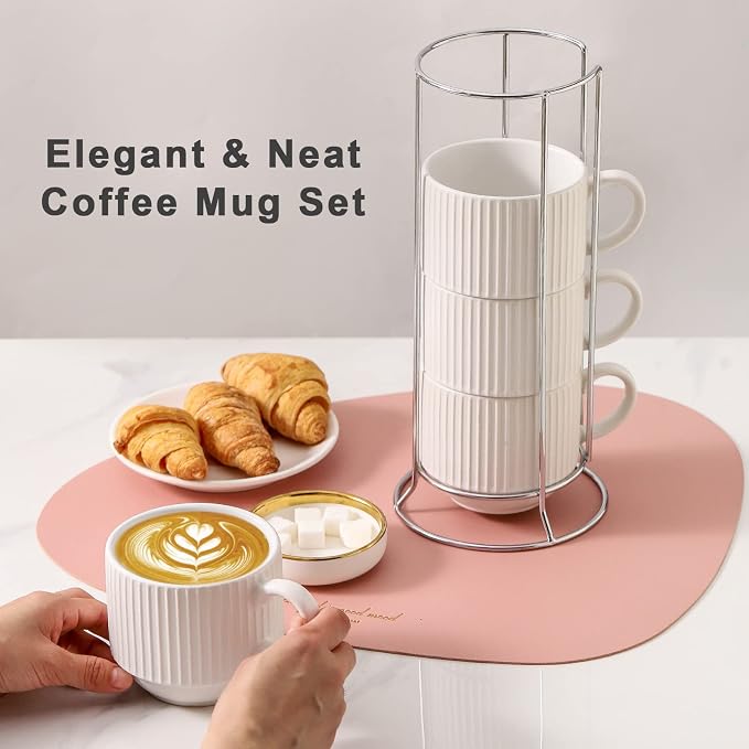 HASENSE 15 oz Ribbed Stackable Coffee Mug Set of 4, Porcelain Latte Cups with Metal Rack, Dishwasher & Microwave Safe, Cappuccino Tea Hot Cocoa, White - Image 2