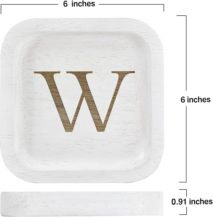 I'm Wooden Personalized Letter Catchall Valet Tray Trinket Dish Jewelry Tray Key Bowl Decorative Plate Organizing Ring Earrings Necklaces Bracelet Watch Coins Wallet Holder (6"x6" Sq White W)
