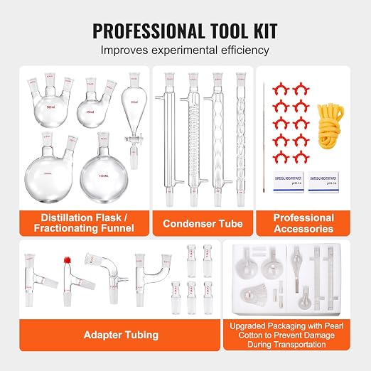 VEVOR Lab Distillation Kit, 3.3 Boro Lab Glassware Distillation Kit with 24, 40 Joint, 1000ml Essential Oil Distillation Apparatus Kit, 32 pcs Set of Glassware Equipment - Image 5