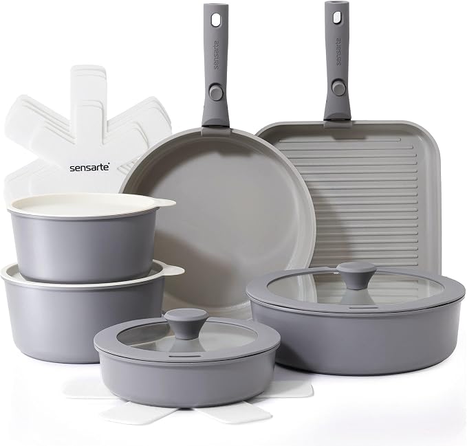 SENSARTE 17 Piece Ceramic Detachable Handle Pots and Pans Set Gray | Ceramic Cookware Set, Induction Cookware Set with Removable Handle, Healthy Non Stick for RV, Dishwasher ＆ Oven Safe by SENSARTE
