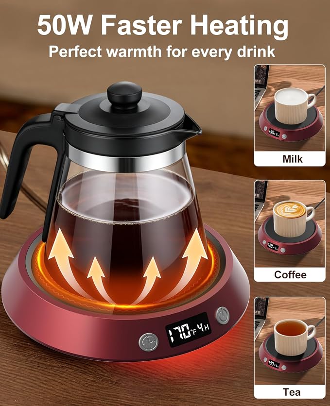 Kepwam Coffee Mug Warmer - 50W Electric Coffee Warmer for Desk 3 Temp Settings & 2-9 Timer Smart Cup Warmer for Desk Candle Warmer Plate with LED Lights Beverage Tea Milk Warmer for Home & Office - Image 5