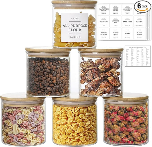 20 OZ Glass Food Storage Jars with 132 Pantry Labels Preprinted - 6 Pcs Thicken Glass Storage Containers with Airtight Bamboo Lid - Clear Kitchen Canister for Spice, Tea, Coffee, Sugar, Cookie, Candy by HHMJSM