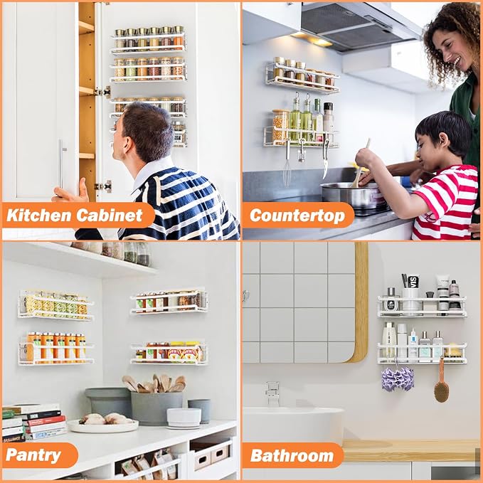 Bunoxea Spice Rack Wall Mounted 2 Pack, White,For Spice Jars & Seasonings | 2 Removalble Hooks,Screw or Adhesive Hanging, Space-Saving,For Kitchen Cabinet, Pantry Door,Stove,RV Use,11.41x2.75x2.75in - Image 7