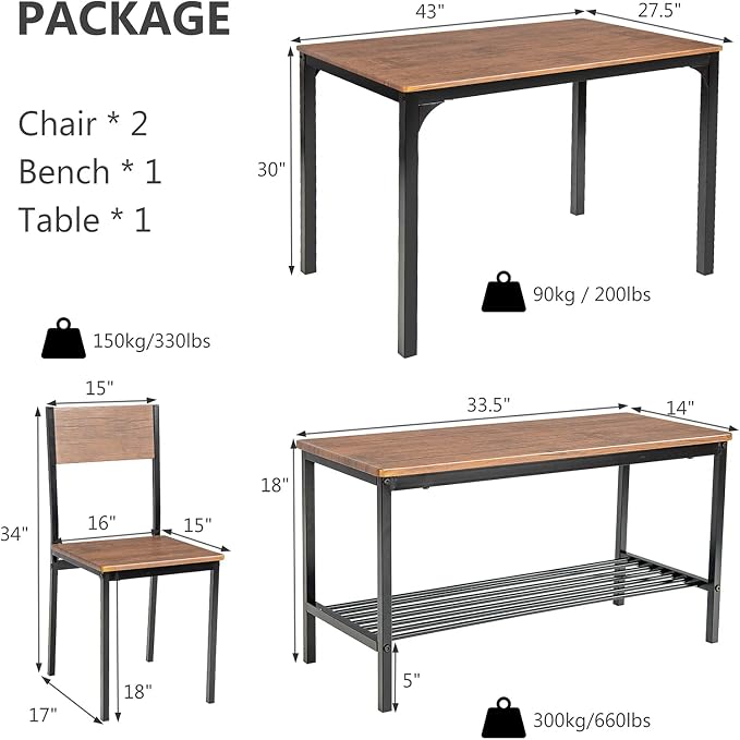 Giantex Dining Table Set for 4, 43" Kitchen Table and Chairs, Dining Bench with Metal Frame & Storage Rack, 4-Piece Modern Functional Desk Set for Dinette, Small Space, Apartment, Restaurant, Walnut - Image 5