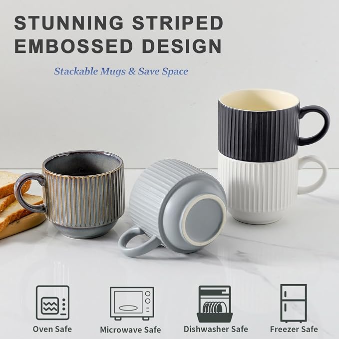 HASENSE Large Coffee Mug Set of 4 with Rack - 15 oz Stacking Ceramic Ribbed Latte Cups Set for Cappuccino, Tea, Hot Cocoa, Drinks - Dishwasher & Microwave Safe Assorted Colors - Image 4