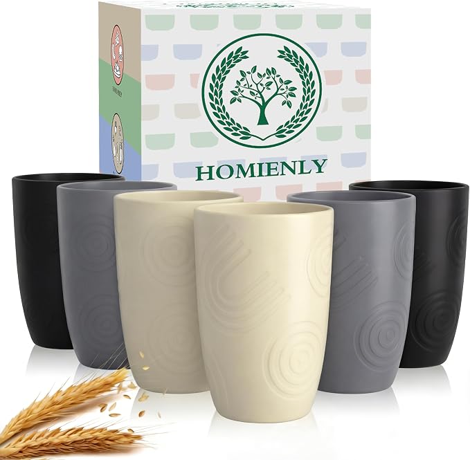 Homienly Wheat Straw Cups Drinking Glasses Set of 6, Unbreakable Plastic Cups Reusable Cups for Kitchen Camping Picnic Dorm Microwave and Dishwasher Safe Water Glasses Drinking Set 12 OZ - GreyStone by HOMIENLY