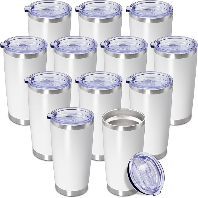 20oz Tumbler Insulated Coffee Tumblers with Lid Stainless Steel White 12P | 20 oz Tumblers Double Wall Insulated Vacuum 20oz Coffee Mug Leak Proof Tumblers with Lid Powder Coated - White 12 Pack by AEPDTD