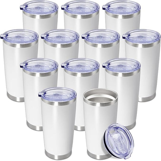 20oz Tumbler Insulated Coffee Tumblers with Lid Stainless Steel White 12P | 20 oz Tumblers Double Wall Insulated Vacuum 20oz Coffee Mug Leak Proof Tumblers with Lid Powder Coated - White 12 Pack by AEPDTD