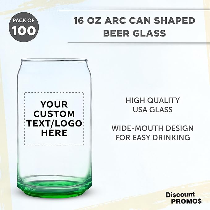 Custom Beer Can Glasses Set of 100, 16 oz. Pint Sized, Promotional Text, Logo, Soda Can Shape, Glassware, Green