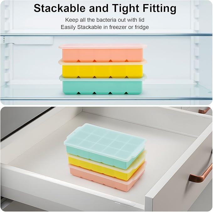 Ice Cube Tray, Ice Tray for Freezer with Lid, 3 Pack Silicone Ice Cube Trays for Freezer with 45 Flexible Anti Spill Easy Release Ice Trays