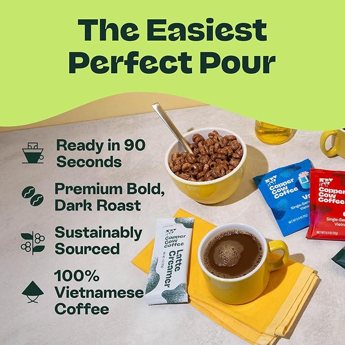 Copper Cow Coffee Pour Over Vietnamese Coffee Pouches + Sweetened Condensed Milk Creamers (8 Coffees & 8 Milk Creamers) | Vanilla Lattes, No Refrigeration Needed, Travel Friendly Ground Coffee