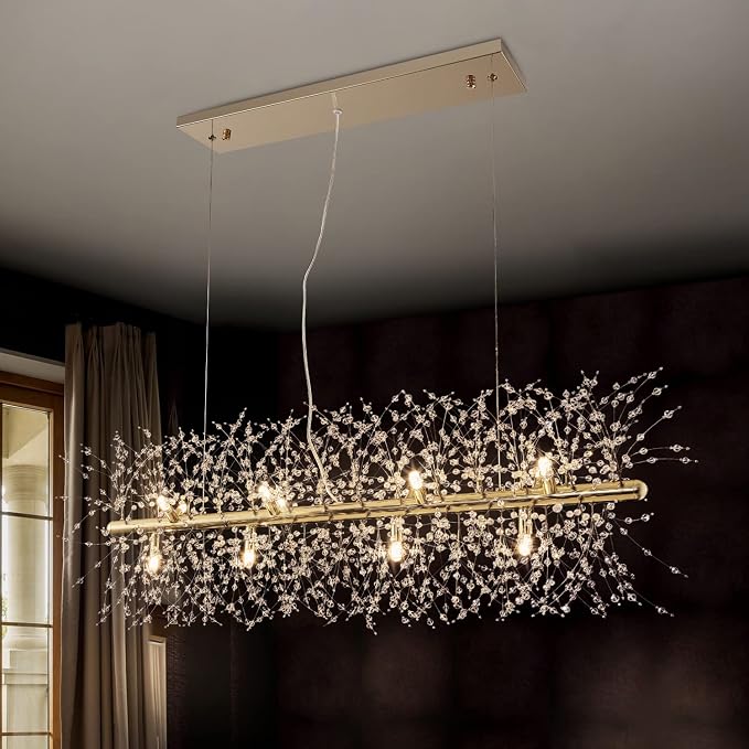 Modern Gold Crystal Firework Chandelier Linear Lighting Fixtures | 35.5" Sputnik Ceiling Light Fixture Rectangular Hanging Pendant Light for Kitchen Island Dining Room Living Room 12-Lights - Image 7