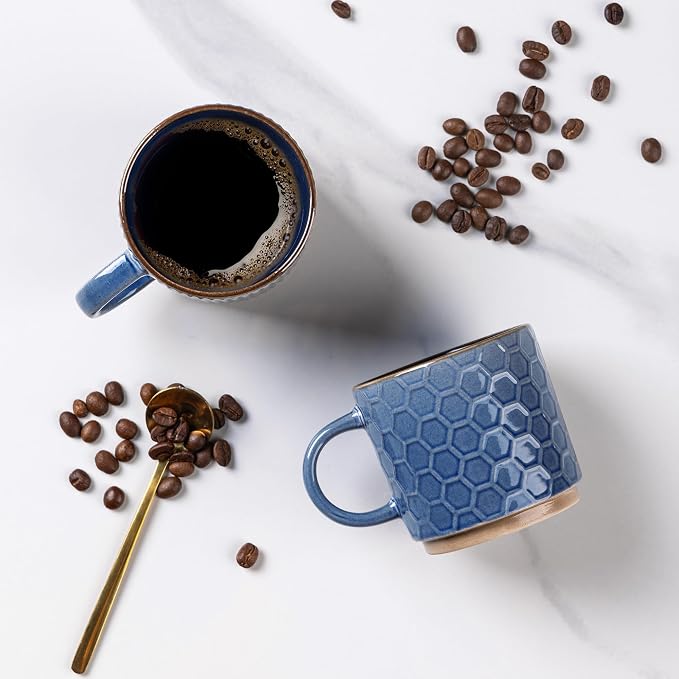 GBhome 6 OZ Stackable Coffee Mugs Set of 4, Ceramic Coffee Cups Set | 4 Assorted Designs, Embossed Mugs with Texture Patterns for Espresso/Tea, Dishwasher&Microwave Safe, Blue - Image 3