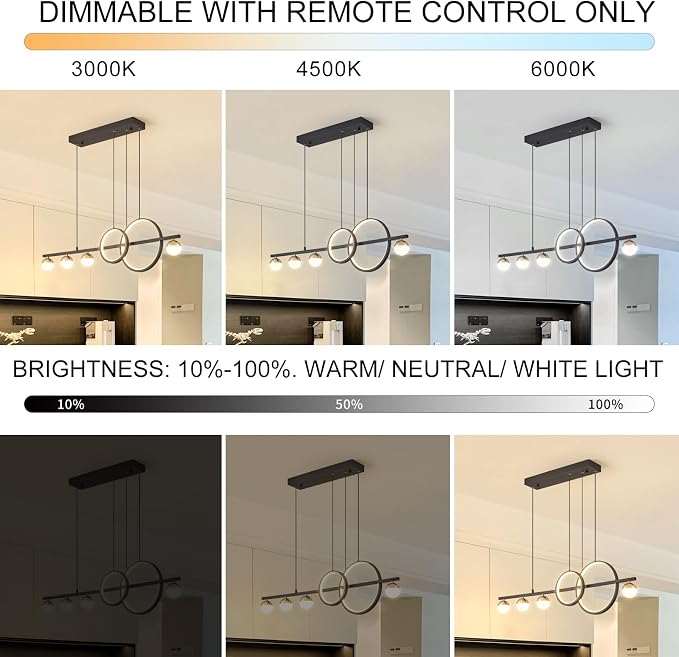 ORANOOR Modern LED Black Gold Chandelier, 39inch Dimmable LED Pendant Light | Linear Pendant Lights for Kitchen Island, 39in Globe Haning Pendant Chandelier Lighitng for Dining Room (2 Rings, 3000lm) ﻿ - Image 4