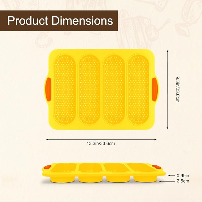 Silicone Bread Loaf Pan, 4-cavity Non-Stick Baguette Bread Pan Heat Resistant Hot Dog Bun Mold, for Sub Roll Baking Pan Bread Pans for Homemade Bread（Yellow）