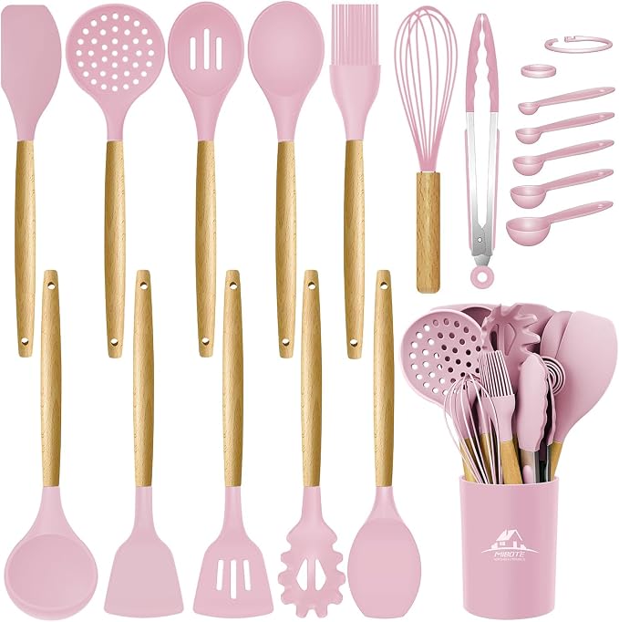 MIBOTE Silicone Cooking Kitchen Utensils Set, Wooden Handle, Pinky | BPA-Free, Non-Toxic Silicone Turner, Tongs, Spatula, Spoon Set – Great for Nonstick Cookware, Heat-Resistant, Easy Clean by MIBOTE