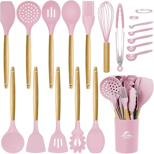 MIBOTE Silicone Cooking Kitchen Utensils Set, Wooden Handle, Pinky | BPA-Free, Non-Toxic Silicone Turner, Tongs, Spatula, Spoon Set – Great for Nonstick Cookware, Heat-Resistant, Easy Clean by MIBOTE