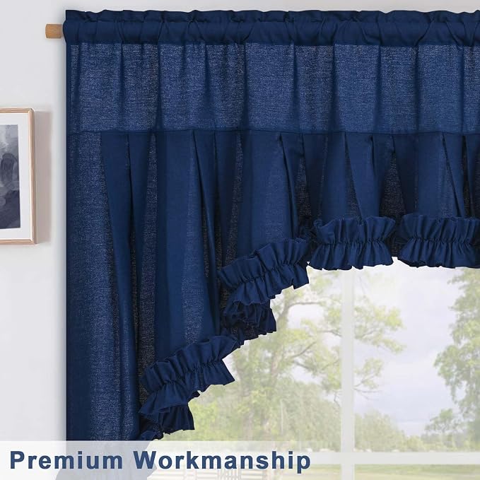 Likiyol Linen Valances for Windows Farmhouse Ruffle Swag Valance Rustic Country Window Valances Light Filtering Kitchen Curtains Rod Pocket Valance Curtains for Bathroom Cafe, Navy Blue, 60"W x 36"L - Image 6