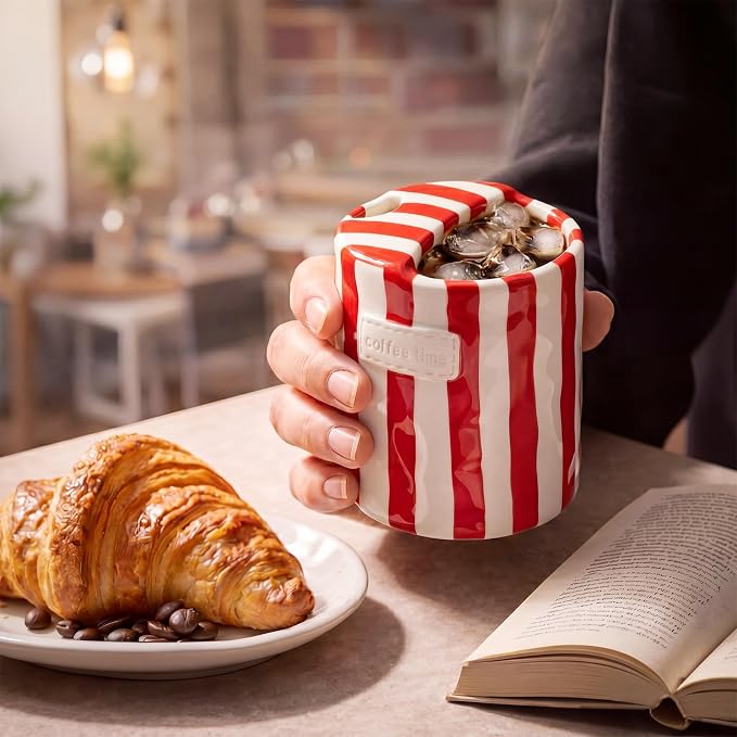 1 Pack Ceramic Coffee Mug with Sip Hole Espresso Cup 10oz with Straws Retro Hand Painted Striped Ceramic Iced Coffee Tea Travel Mug Latte Cup for Kitchen Dining (Simple,Red) - Image 4