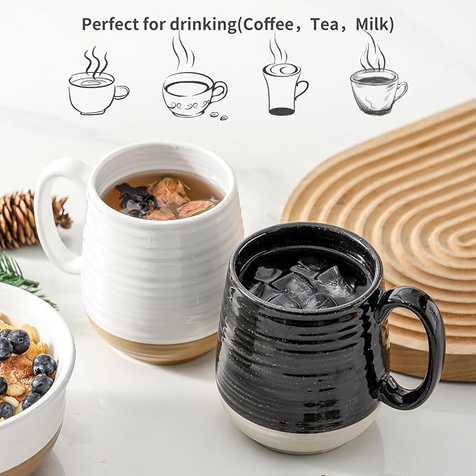 HASENSE 20 oz Coffee Mugs, Large Mugs with Handle Set of 2, Stoneware Coffee Cups for Mom Dad Friend, Prefect for Latta, Tea, Coffee, Dishwasher and Microwave Safe, White & Black - Image 5