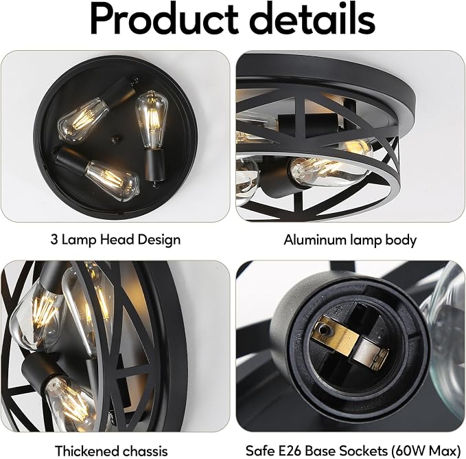 13 Inch Close to Ceiling Light Fixtures 2 Pack, 3-Lights Farmhouse Flush Mount Ceiling Light, Black Indoor Metal Cage Semi Flush Mount Ceiling Light for House Hallway Kitchen Bedroom - Image 5