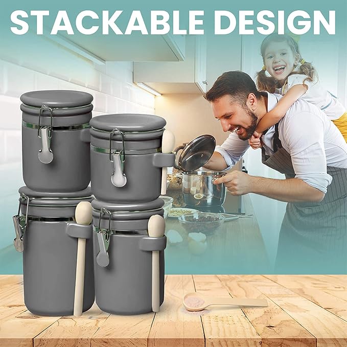 Home Intuition 4-Piece Ceramic Kitchen Canisters Set, Airtight Containers with Wooden Spoons Reusable Chalk Labels and Marker for Sugar, Coffee, Flour, Tea (Grey) - Image 7
