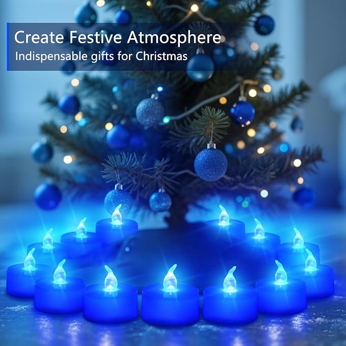 Tea Lights Battery Operated Candles LED Tea Lights Flameless Candles 200+ Hours Flickering Fake Tealights for Sweetest Day Wedding Home Decorations Party (Blue Base, 24 Pack) - Image 2