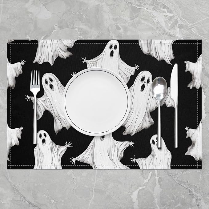Feelyou Happy Halloween Placemats Set of 4 Ghost Table Mats White Black Place Mat for Kitchen Dining Table Party Decor Indoor Outdoor 18"x12" Non-Slip Easy to Clean Horror Theme - Image 2