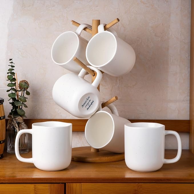 AmorArc 14oz Coffee Mugs Set of 6, Speckled Ceramic Coffee Mugs with Large Handle & Wavy Rim for Latte/Hot Cocoa/Tea, Coffee Cups for Men Women. Oven, Dishwasher&Microwave Safe, Speckled White by AmorArc
