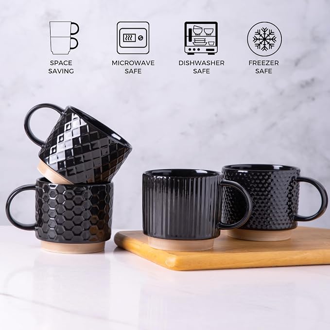 GBhome 12 OZ Stackable Coffee Mugs Set of 4, Ceramic Black Coffee Cups Set | 4 Assorted Designs, Embossed Mugs with Texture Patterns for Tea/Coffee, Dishwasher&Microwave Safe, Black - Image 7