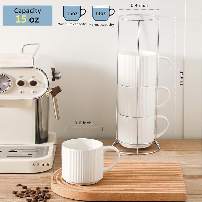 HASENSE Stackable Coffee Mugs,15oz Coffee mugs Set of 4,Ceramic Coffee Mug with Rack,Porcelain Coffee Cups for Latte,Cocoa, Americano, Hot Tea and Milk,Vertical Striped,White - Image 3