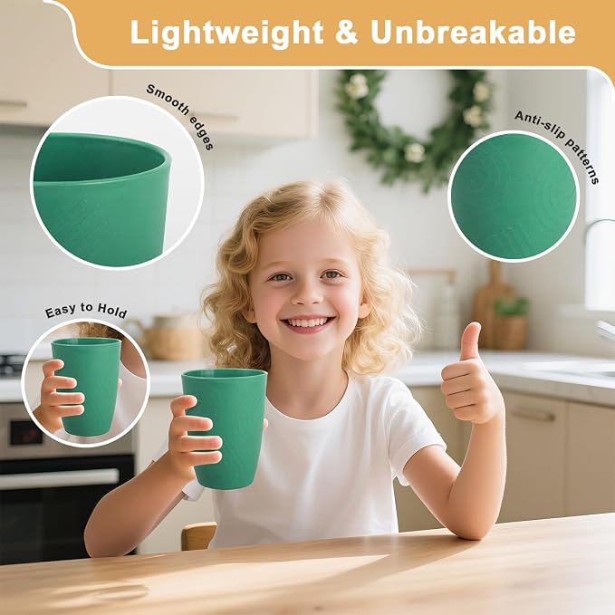 12oz Kitchen Cups - Wheat Straw Cups Set 6, Unbreakable & Lightweight Plastic Cups for Kids, Microwave & Dishwasher Safe Water Tumbler for Picnics, Camping, RV, Plastic Drinking Cups - Green - Image 4