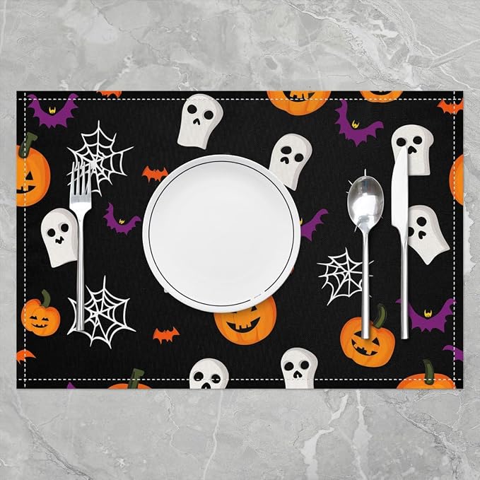 Feelyou Happy Halloween Placemats Set of 4 Ghost Pumpkin Table Mats for Party Kitchen Dining Decoration Holiday Seasonal Black Orange White Place Mat for Dinner Table Indoor Outdoor 18"x12" Cobweb - Image 2