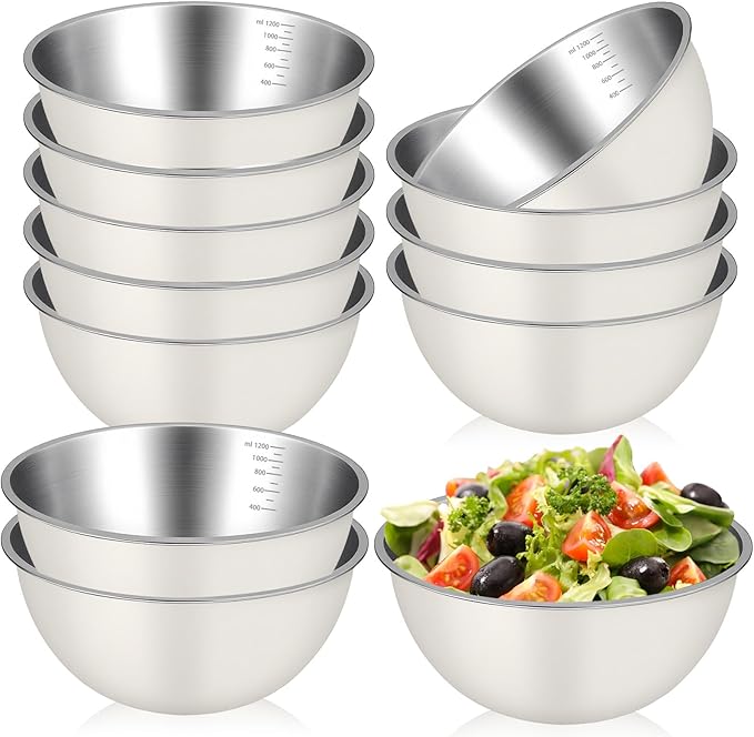 12 Pcs Stainless Steel Mixing Bowls Nesting Metal Prep Salad Bowls with Scale Reusable Baking Cooking Food Soup Storage Organizers for Kitchen Refrigerator(1.3QT)