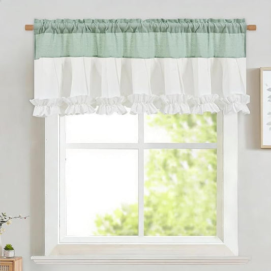 Likiyol Linen Valances for Windows Farmhouse Window Valances with Ruffle Rustic Country Light Filtering Kitchen Valance Curtains Rod Pocket Valance for Bathroom Cafe, Teal White, 52" W X 18" L by Likiyol