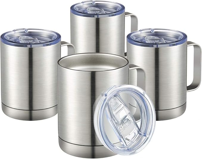 MEWAY 12oz Coffee Mug With Handle 4 Pack Bulk,Stainless Steel Insulated Travel Tumblers With Sliding Lid,Double Wall Vacuum Camping Cup for Hot & Cold Drinks Tea (Sliver,Set of 4) by MEWAY