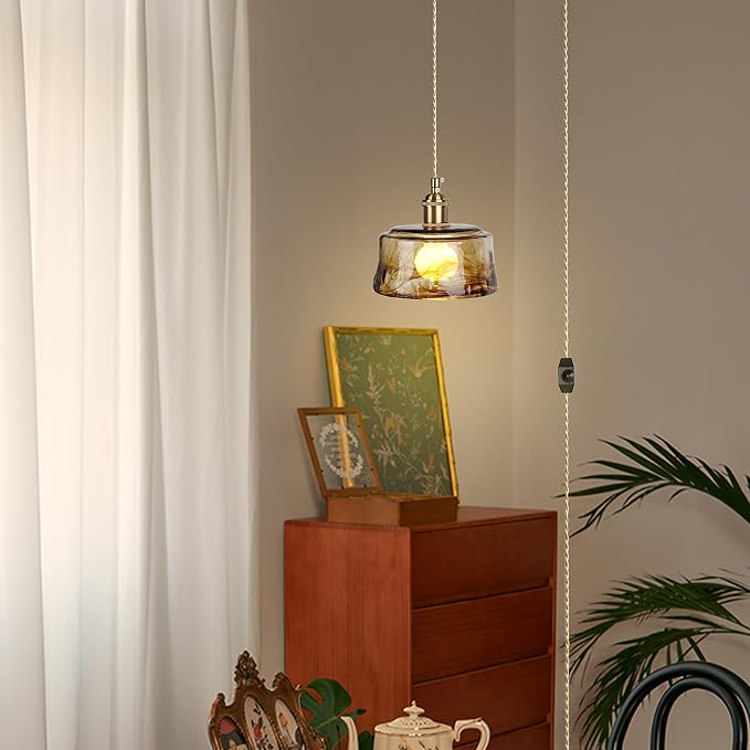 Sedelan Plug in Hanging Light, Glass Hanging Lights with Plug in Cord，Dimmable Pendant Lights Kitchen Island, Vintage Pendant Light Fixtures for Living Room Bedroom Hallway - Image 3