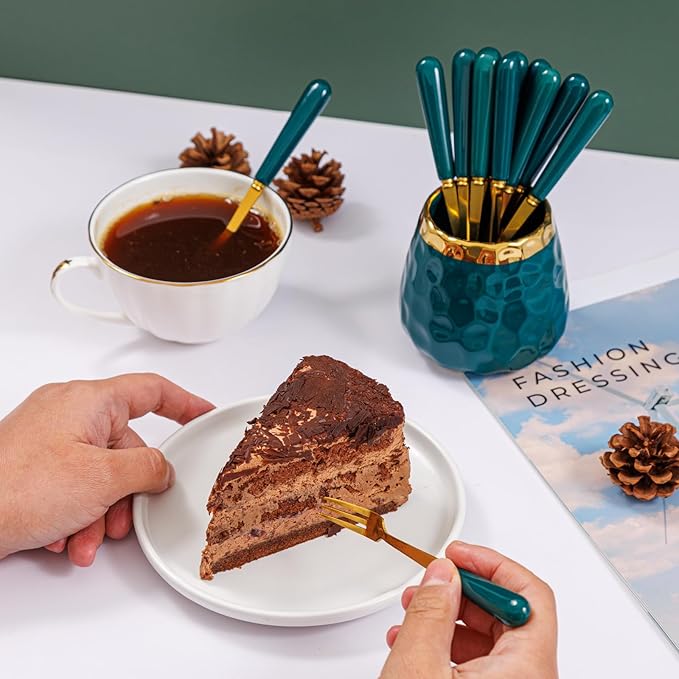 Dessert Fork Set,Ceramic Jar with 8 Small Forks for Fruit,Salad,Appetizer,Cake,Flatware Set (Emerald jar+8 forks)