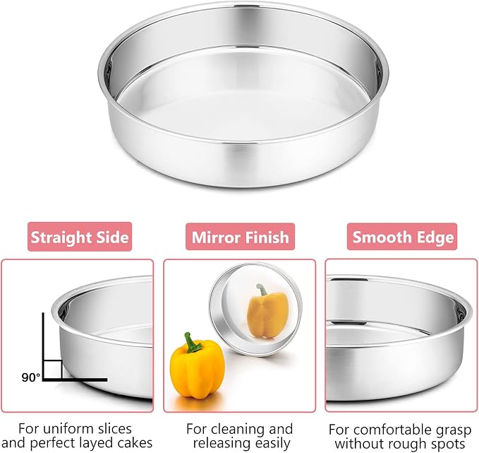 P&P CHEF Cake Pan Set of 3, 4" + 6" + 8" Round Baking Layer Cake Pan Tin | Stainless Steel & Mirror Finish, Bakeware for Birthday Weeding Anniversary, Heavy Duty & Non Toxic, Oven & Dishwasher Safe - Image 2