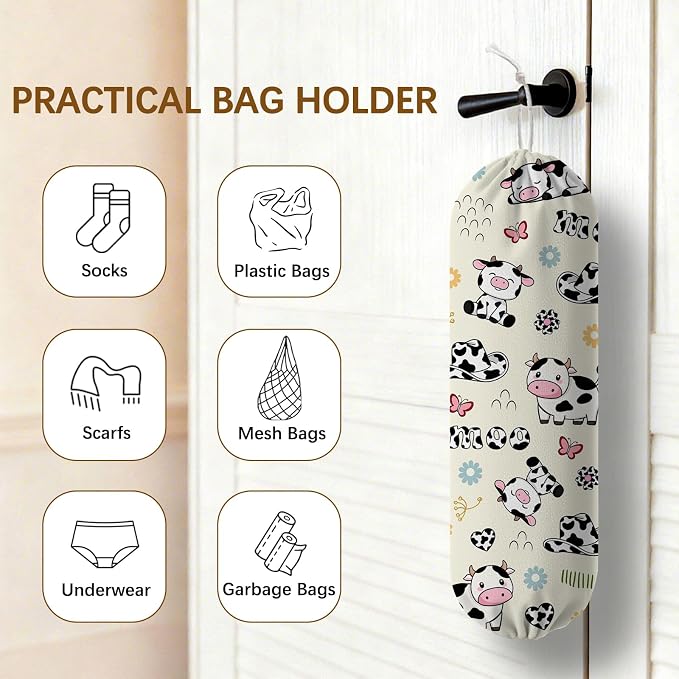 Cow Plastic Bag Holder Dispenser, Plastic Grocery Bag Organizer & Wall Mount Paper Trash Bags Saver Storage for Kitchen Home Pantry Decor, Cute Cow Shopping Bags Storage Dispenser - Image 4