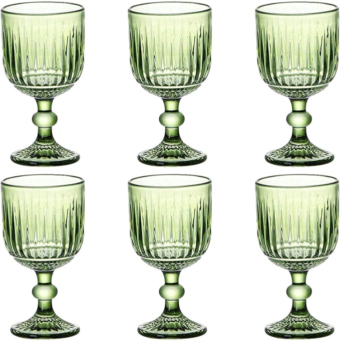 Taganov Green Water Glasses Drinking Wine Goblet set of 6 Vintage Glassware Colored Stemware 11 ounce for Wedding Party Bar Vertical Embossed Pattern Stemmed Cups 330 ml by Taganov