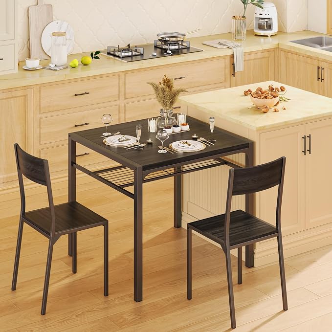 Gizoon 3-Piece Dining Table Set for 2, Small Kitchen Table & Chairs Black | Compact black 2-person dining set perfect for apartments. Features under-table storage rack and 2 chairs that tuck away. - Image 2