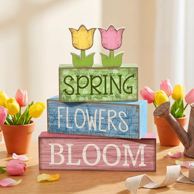 Moucuny 4 Pcs Spring Table Decor Wooden Tulip Spring Tiered Tray Decor Flowers Table Centerpiece Decorative Colorful Tulip Block Signs Gift Farmhouse Flowers Decoration for Home Kitchen Shelf - Image 6