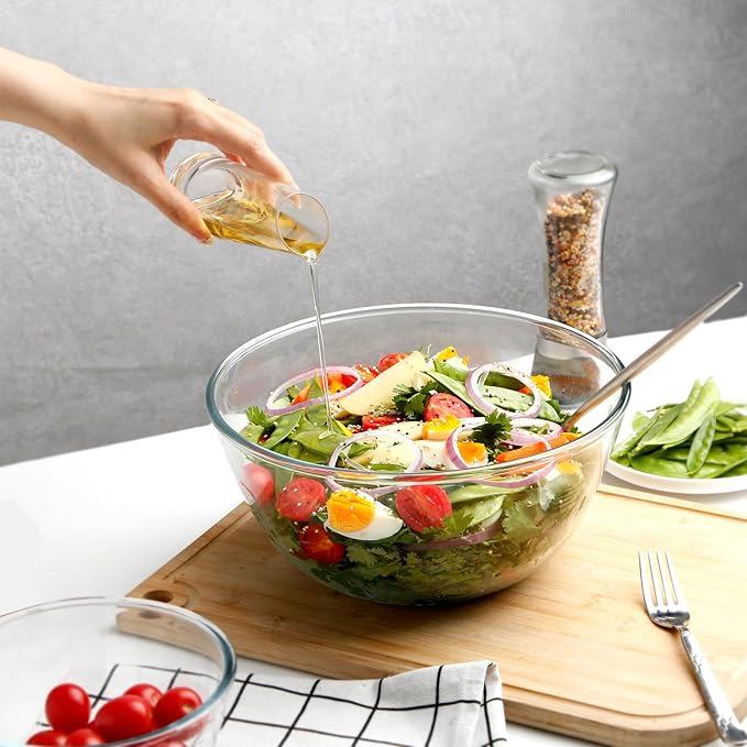 NUTRIUPS 4.7 Quart Large Glass Mixing Bowl with Lid, Deep Big Glass Bowl Large Salad Bowl (Blue)