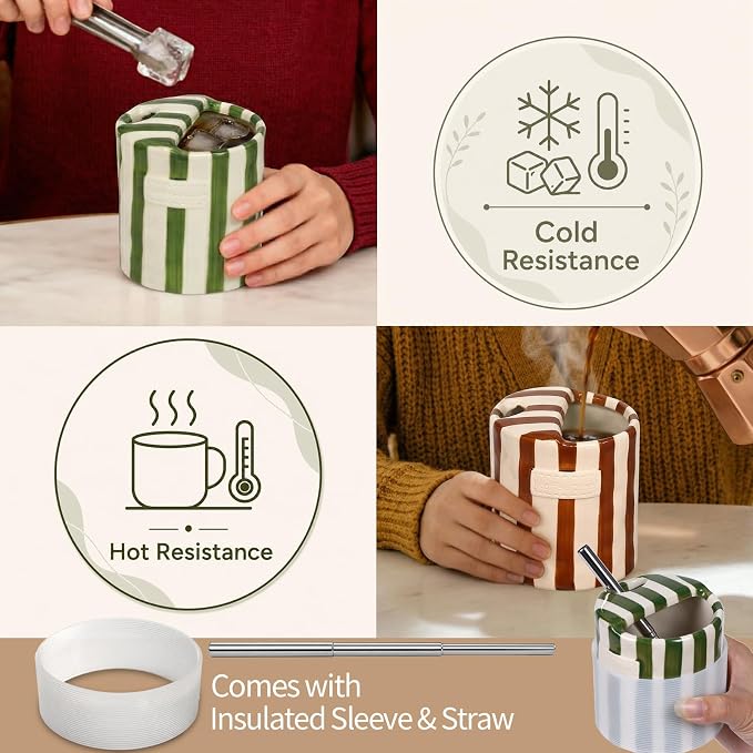 Ceramic Coffee Mug with Sip Hole Espresso Cup 10oz with Straws and Sleeve | 10oz Hand-Painted Striped Travel Mug Microwave & Dishwasher Safe for Coffee Lover - Green with Straw - Image 4