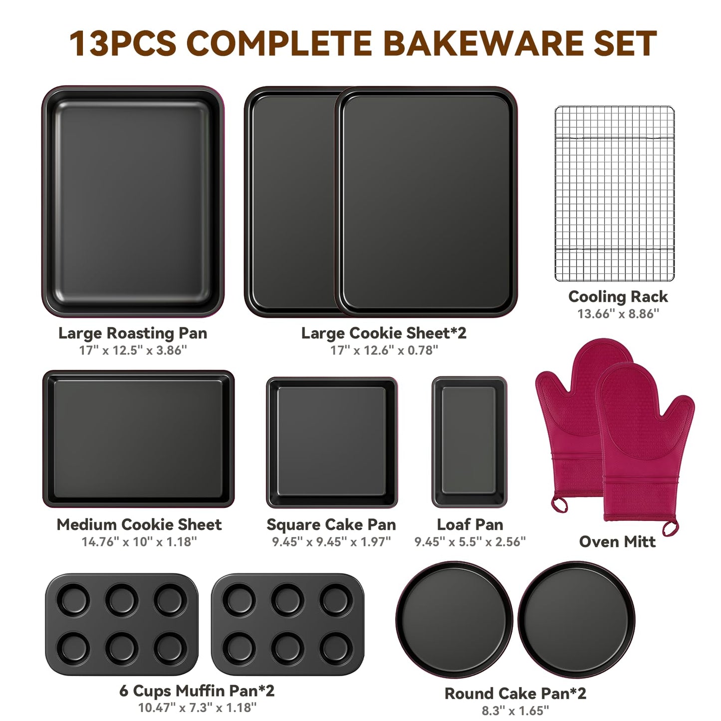 Wildone 13-Piece Baking Pans Set Nonstick - Stackable Bakeware Sets Including Cookie Sheets for Baking, Rack, Muffin Pan, Cake pan, Loaf Pan, Roasting Pan, Heavy Duty & Easy Clean, Plum